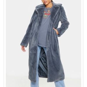 CHARCOAL MAXI FAUX FUR COAT